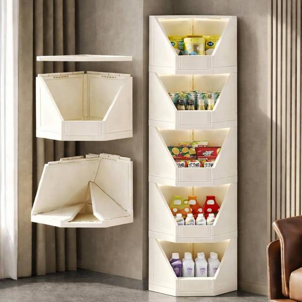 JD FRESH 5 Tier Plastic Corner Storage Cabinet/Stackable Cupboard for Storage PP Collapsible Wardrobe
