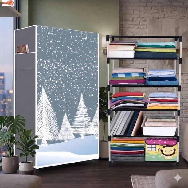 Aojaliance 5 Shelf Foldable Collapsible Wardrobe Storage Organizer Almirah Cloth Rack PVC Collapsible Wardrobe