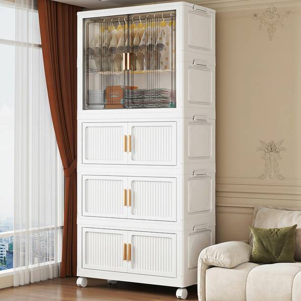 KriShyam ® Modular Plastic Wardrobe Storage Cabinet with Transparent Sliding Doors&Wheels PP Collapsible Wardrobe