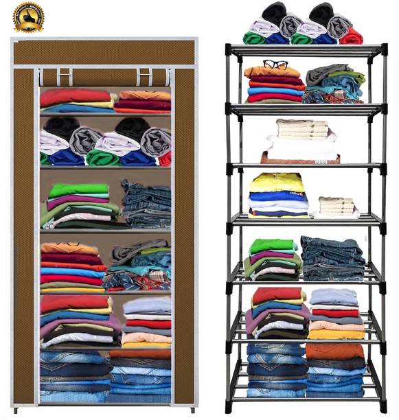 G Genipap 6 Shelf Foldable Collapsible Wardrobe Storage Organizer Almirah Cloth Rack Carbon Steel Collapsible Wardrobe