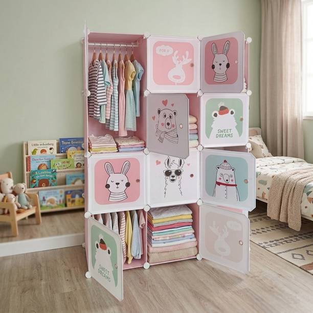 KriShyam ® 12-Cube Modular Storage Cabinet with 2 Hanging Rod & 1 External Hanger Hook PP Collapsible Wardrobe