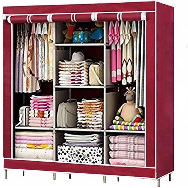 SHYAM JI Wardrobe Organizer for Clothes, ABS Plastic, Fabric Cupboard - 8 Shelf, 2 Hanger Carbon Steel Collapsible Wardrobe