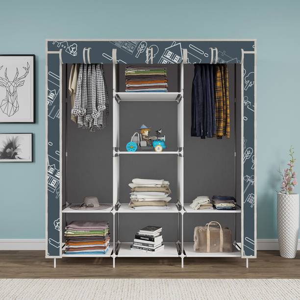 YUMESA 8 Shelf Foldable Collapsible Wardrobe Storage Organizer Almirah Cloth Rack Carbon Steel Collapsible Wardrobe