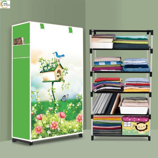 POOWEREST 5 Shelf Foldable Collapsible Wardrobe Storage Organizer Almirah Cloth Rack PVC Collapsible Wardrobe