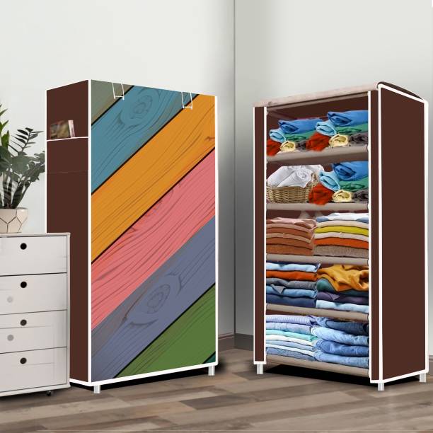 FurniGully 5 Layer Colorful Wood Print Carbon Steel Collapsible Wardrobe