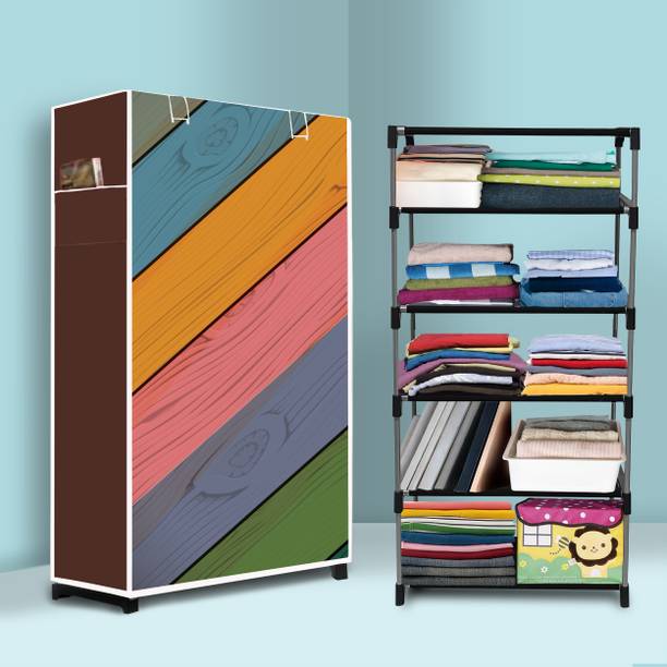 XONOV 5 Layer Metal Collapsible Wardrobe for Home | Foldable Cloth Storage Cabinet Micro Fiber Collapsible Wardrobe