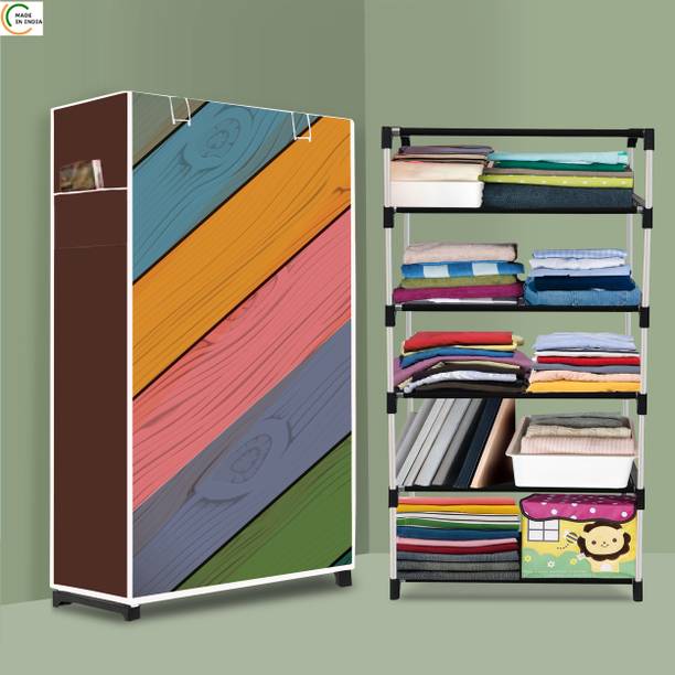 POOWEREST 5 Shelf Foldable Collapsible Wardrobe Storage Organizer Almirah Cloth Rack PVC Collapsible Wardrobe