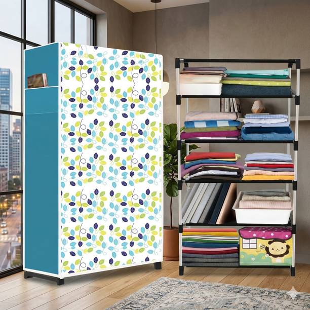 RAISSA 5 Shelf Foldable Collapsible Wardrobe Storage Organizer Almirah Cloth Rack Carbon Steel Collapsible Wardrobe