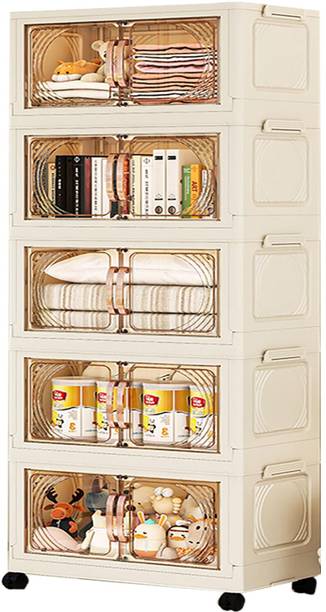 HOUSE OF QUIRK 5-Layer Storage Cabinet with Wheels for Sundries, Toys, and Essentials (55cm) PVC Collapsible Wardrobe