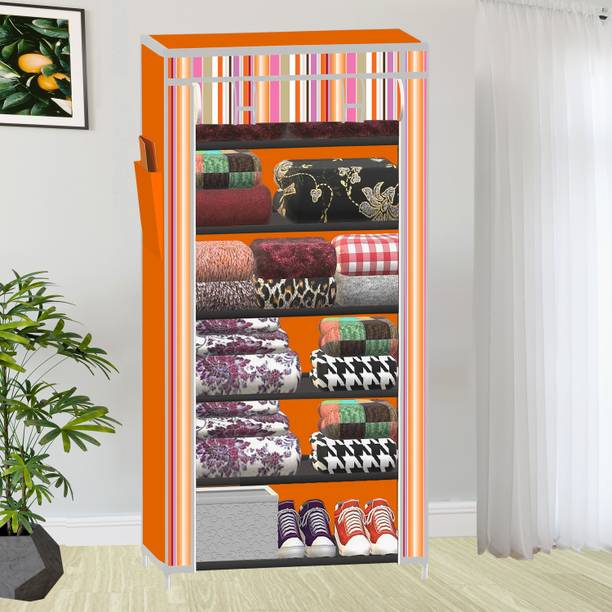 XENABO 1 Door 6 Shelf Orange Strip Print PP Collapsible Wardrobe