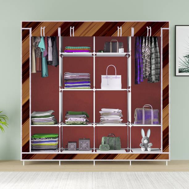 POOWEREST 3 door 12 Shelf Printed PVC Collapsible Wardrobe