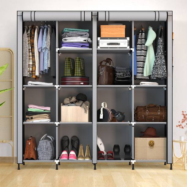 BRIDHA 4-Door Foldable Wardrobe for Clothes with 14 Shelves & 2 Hanger Cabinet PP Collapsible Wardrobe