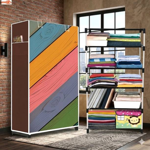 POOWEREST 5 Shelf Foldable Collapsible Wardrobe Storage Organizer Almirah Cloth Rack PVC Collapsible Wardrobe