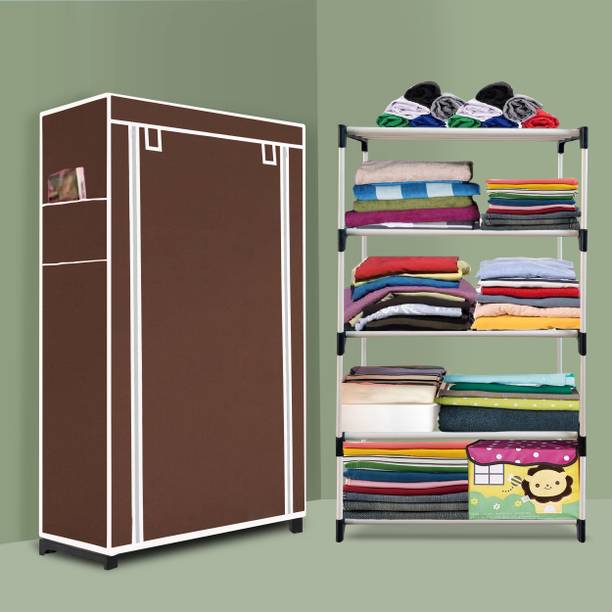 TRILLLIUM Bedroom – 4 Shelf Foldable Almirah, Portable Clothes Storage Rack for Home Carbon Steel Collapsible Wardrobe