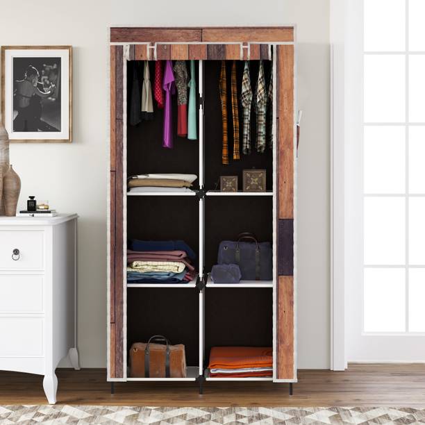 FurniGully Printed Almirah Foldable closet for Clothes 6 Shelves , 1 Side Pocket (2003-2) PP Collapsible Wardrobe