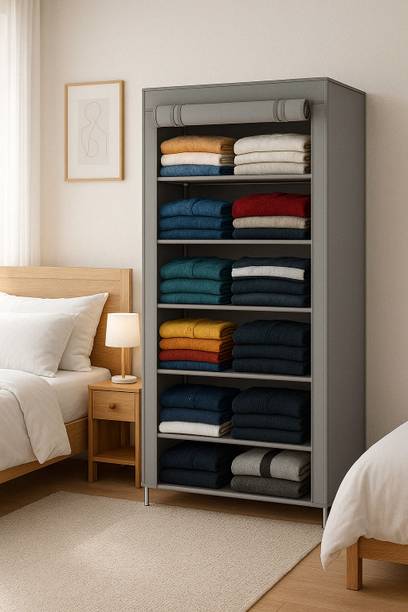 HEGZI Almirah for Clothes Cupboard Clothes Plastic Almirah, 6 Tier Foldable Wardrobe PVC Collapsible Wardrobe