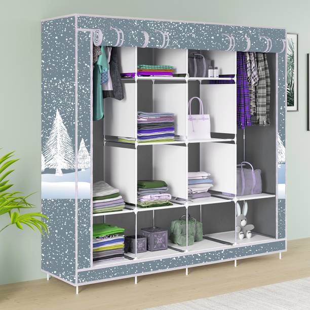 FurniGully 3 Fold 12 Rack Printed Cotton Collapsible Wardrobe
