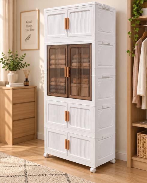 KriShyam ® Modular Plastic Wardrobe Storage Cabinet with Transparent Sliding Doors&Wheels PP Collapsible Wardrobe