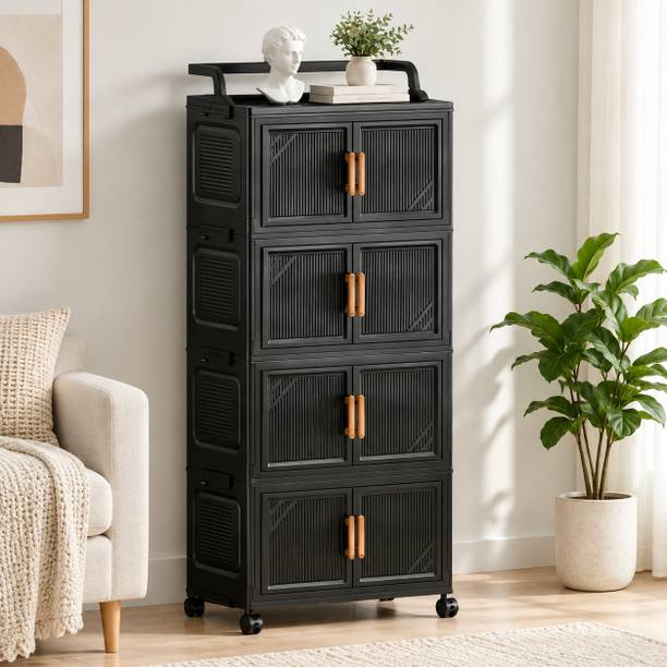 KriShyam 4-Tier Plastic Storage Cabinet & Wheels, Water-Resistant Clothes Organizer PP Collapsible Wardrobe