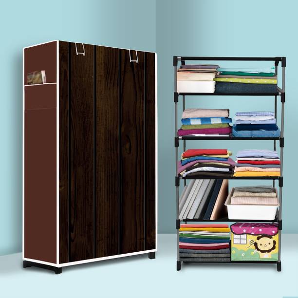 KushHome 5 Layer Wood Print Carbon Steel Collapsible Wardrobe