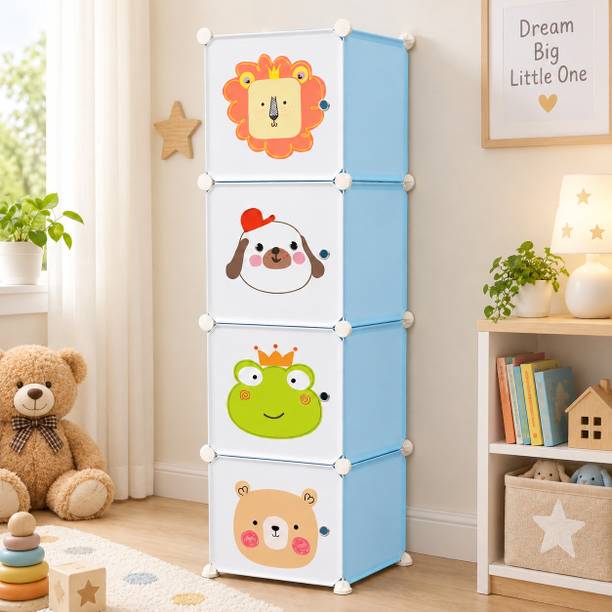KriShyam ® Kids 4 Door 4 Shelve Modular Storage Cabinet PP Collapsible Wardrobe
