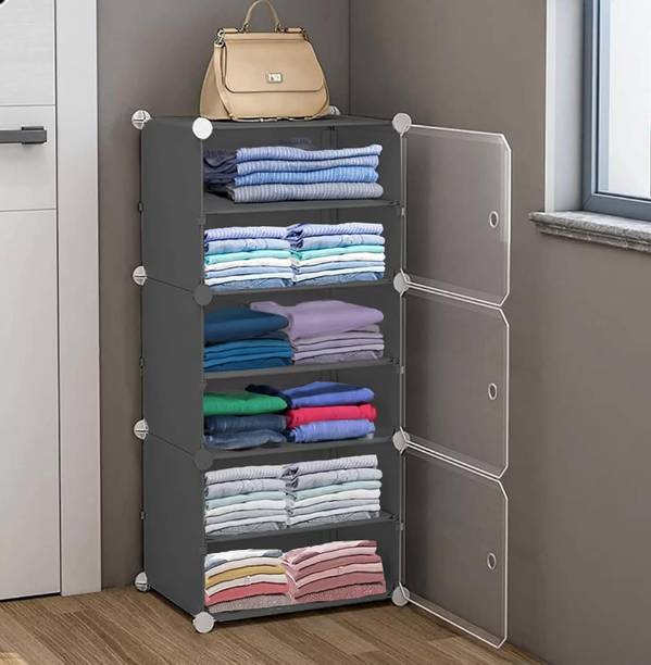 Sasimo 3-Door 6-Shelf Plastic Collapsible Cupboard Carbon Steel Collapsible Wardrobe