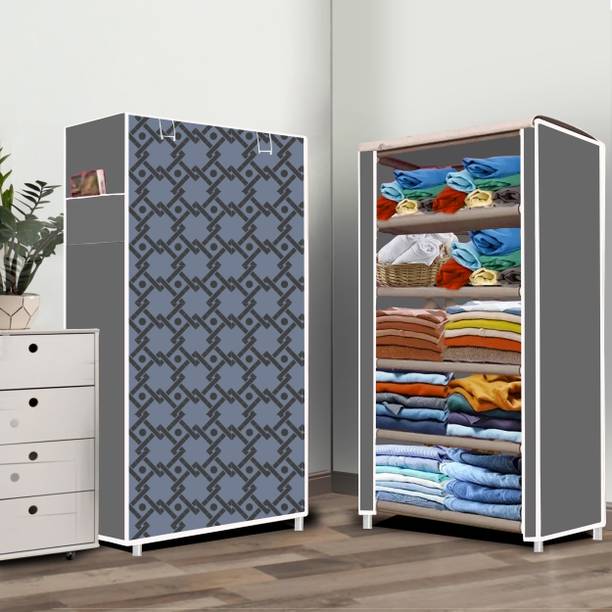 wrt 5 Layer Curtsins Print PVC Collapsible Wardrobe