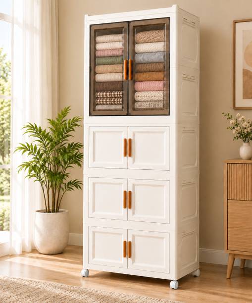KriShyam ® 4-Tier Plastic Storage Cabinet & Wheels, Smoky Translucent Doors PP Collapsible Wardrobe