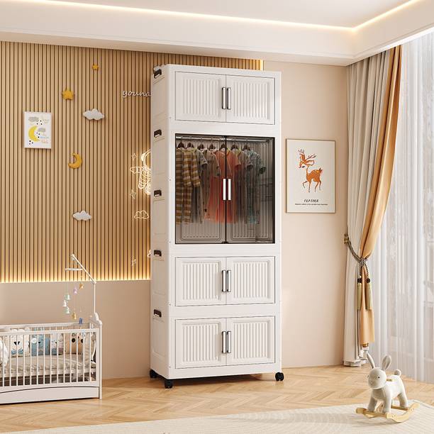 Sasimo 1-Wardrobe 4-Door 4-Shelf Plastic Collapsible Cupboard PC Collapsible Wardrobe