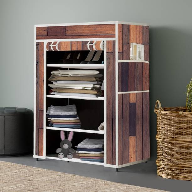 FurniGully Printed Collapsible Non-Woven Fabric Cabinate 1 Side Pocket 4L-2 PP Collapsible Wardrobe