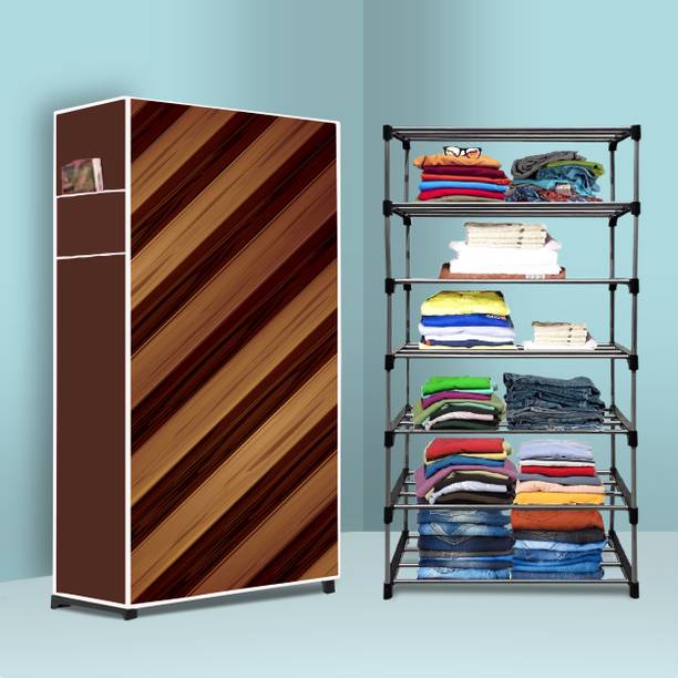 KushHome LongLife 6 Shelf Metal Foldable Wardrobe and Portable Almirah for Adults, Kids Carbon Steel Collapsible Wardrobe