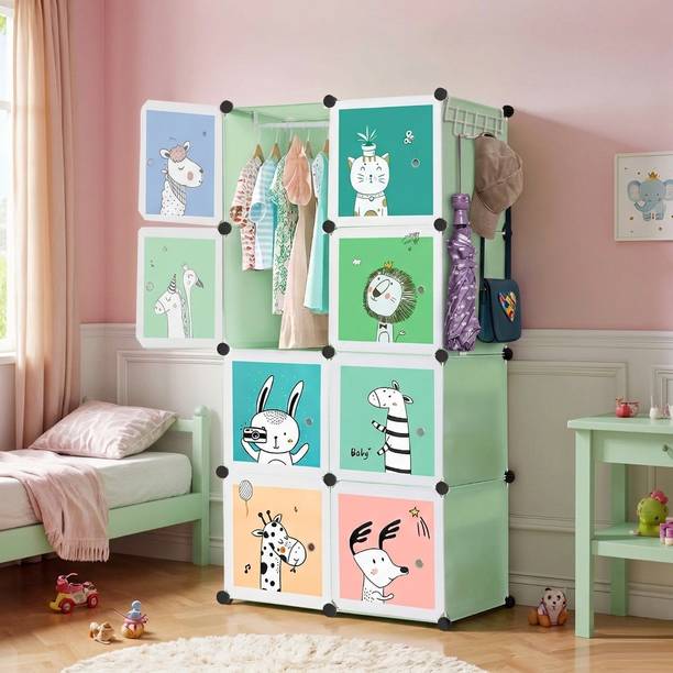 KriShyam ® 8-Cube Kids Modular Storage with with 1 Hanging Rod & 1 External Hanger Hook PP Collapsible Wardrobe