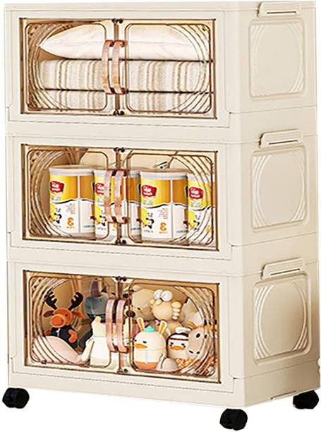 HOUSE OF QUIRK 3-Layer Storage Cabinet with Wheels for Home, Living Room, Bedroom -55Cm PVC Collapsible Wardrobe