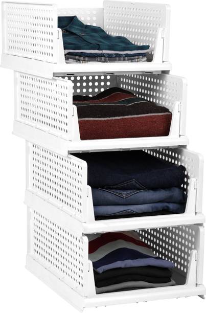 Finner Multipurpose Foldable Storage Basket Wardrobe Organizers for Clothes (Pack of 4) PVC Collapsible Wardrobe