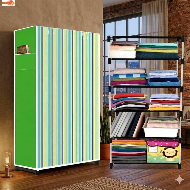 RAISSA 5 Shelf Foldable Collapsible Wardrobe Storage Organizer Almirah Cloth Rack Carbon Steel Collapsible Wardrobe