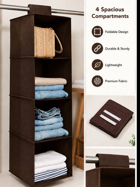 ATEEF Hanging 4 Shelf Closet Hanging Organizer| Brown Micro Fiber Collapsible Wardrobe
