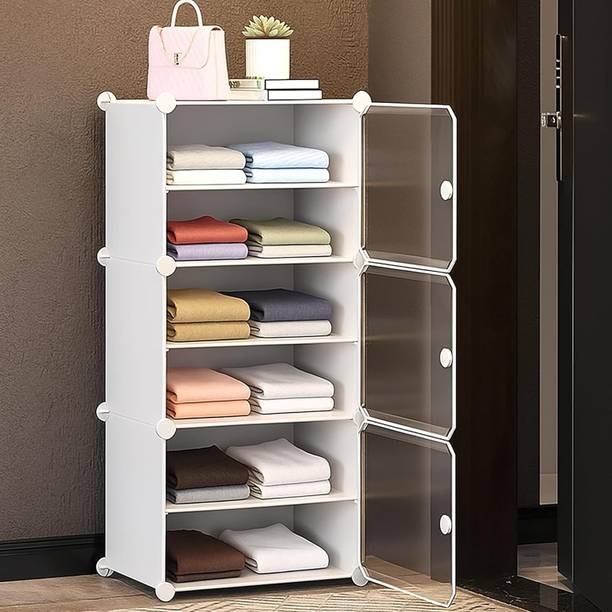 COROID 3-Door-6 Shelf Plastic almari Cupboard of clothes Storage Rack Closest Organizer PC Collapsible Wardrobe
