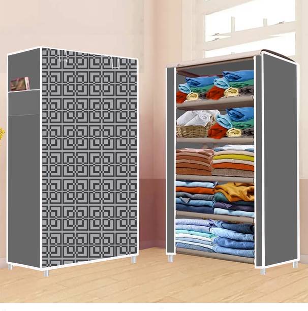 Furnbolo 5 Shelf Foldable Collapsible Wardrobe Storage Organizer Almirah Cloth Rack PVC Collapsible Wardrobe