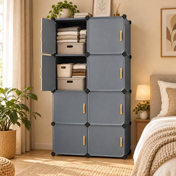 KriShyam ® 8 Door Modular Wardrobe Cabinet with Side Hooks, Plastic Storage Organizer PP Collapsible Wardrobe