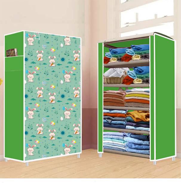 POOWEREST 5 Shelf Foldable Collapsible Wardrobe Storage Organizer Almirah Cloth Rack PVC Collapsible Wardrobe