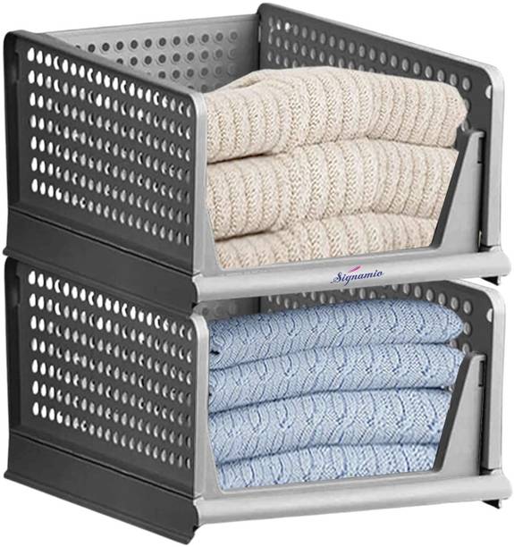Signamio 2 Pcs Foldable and Stackable Cupboard for Merging Cupboard Space - Grey Color PP Collapsible Wardrobe