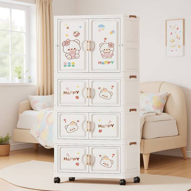 LUHI 4-Door 4-Shelf Plastic Foldable cupboard almirah for kids clothes PC Collapsible Wardrobe
