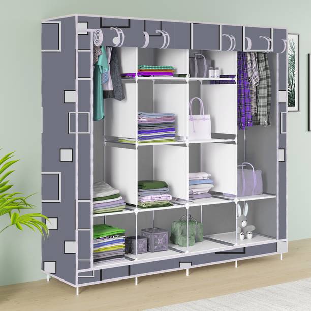FurniGully 3 Fold 12 Rack Printed Cotton Collapsible Wardrobe