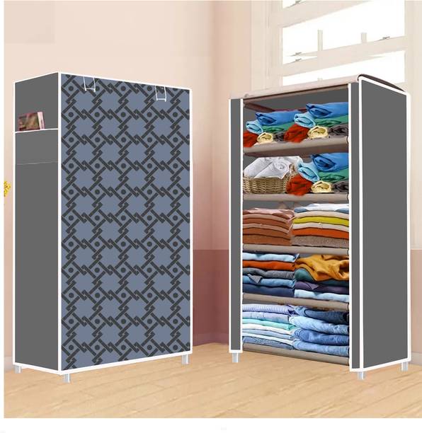 Furnbolo 5 Shelf Foldable Collapsible Wardrobe Storage Organizer Almirah Cloth Rack PVC Collapsible Wardrobe