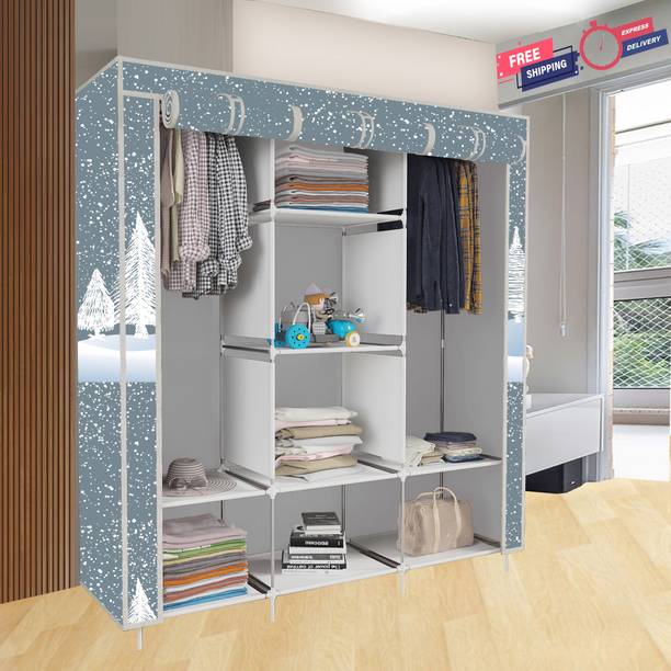 SPIRITED 8 Shelf 3 Door Portable Printed Carbon Steel Collapsible Wardrobe