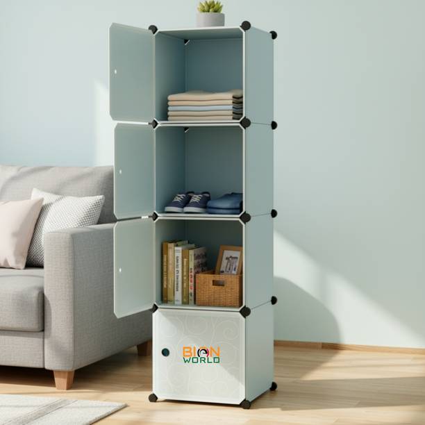 BIONworld 4-Door 4-Shelf Plastic Collapsible Cupboard Wardrobe for Kids Clothes & Toys PP Collapsible Wardrobe