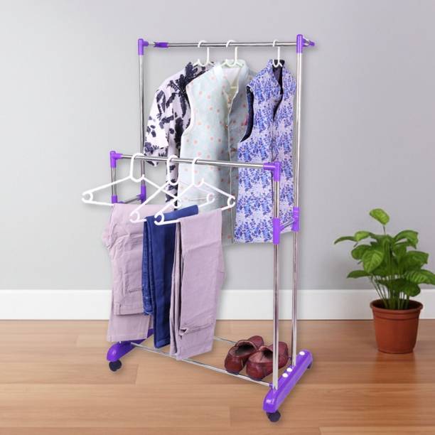 Unizone Steel, Plastic Floor Cloth Dryer Stand Portable Wardrobe Style Cloth Hanging Stand Stainless Steel & Plastic with Wheel