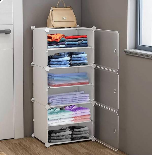 Sasimo 3-Door 6-Shelf Plastic Collapsible Cupboard Carbon Steel Collapsible Wardrobe