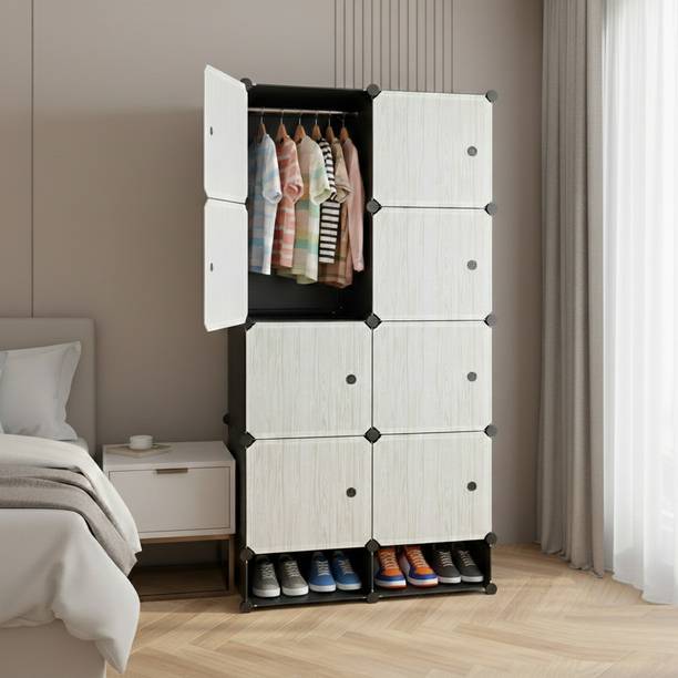 KriShyam ® 8-Cube Storage Cabinet with Doors,1 Hanging Rod & 1 External Hanger Hook PP Collapsible Wardrobe