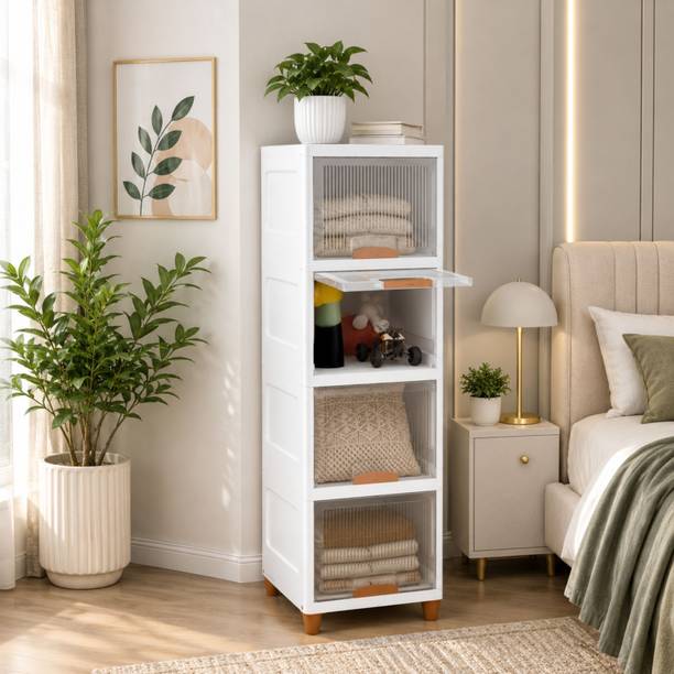 KALIORA 4 Tier Transperent White multipurpose Cabinet PVC Collapsible Wardrobe